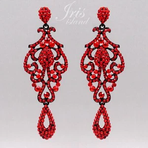 Chandelier Drop Dangle Earrings Red Crystal Rhinestone Black Base Women Prom 944 - Picture 1 of 4