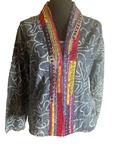 Chico’s 2 40” Around S 21” L 23” Art To Wear Denim Cotton Embroidered Distressed - Picture 1 of 8