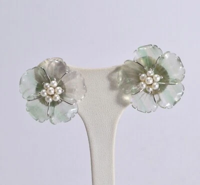 ORECCHINI ARGENTO 925 RODIATO PERLE FIORI FLUORITE CLIPS SENZA PERNO   AGHT 0818 - Immagine 1 di 3