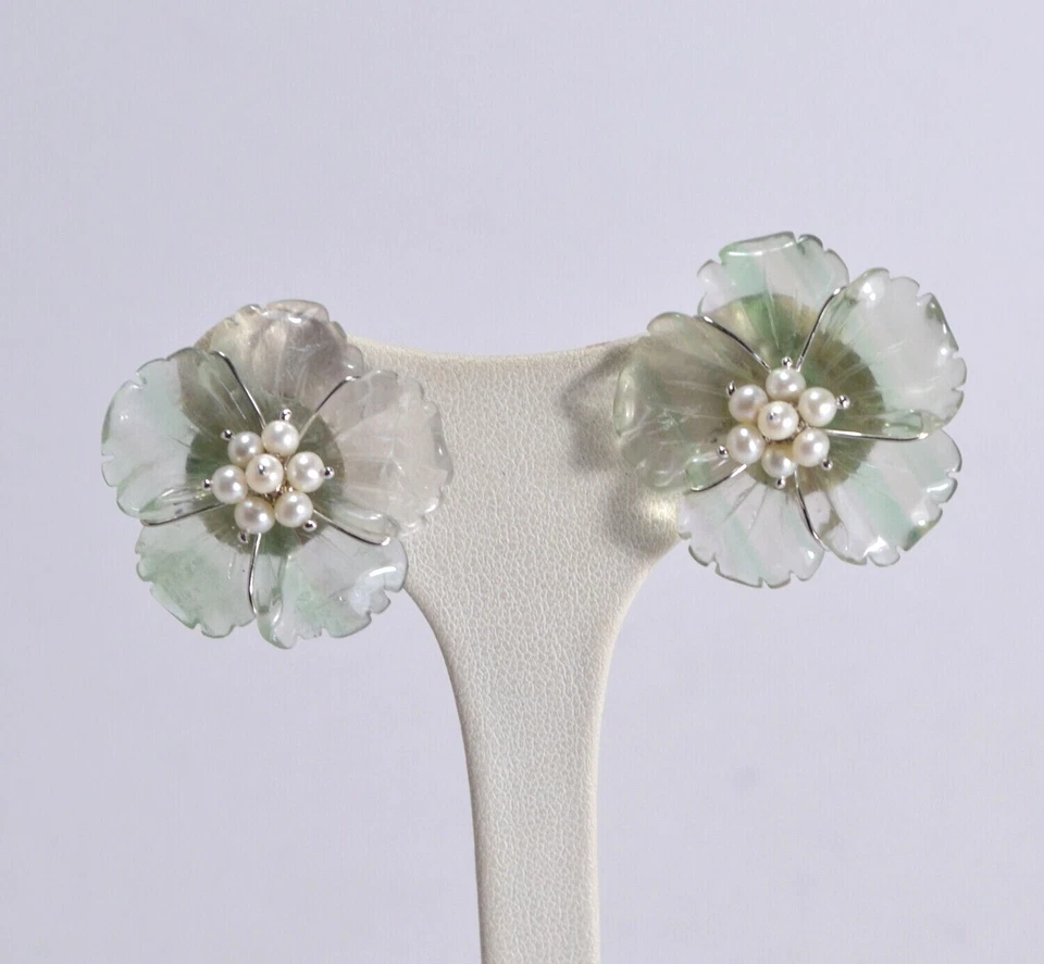 ORECCHINI ARGENTO 925 RODIATO PERLE FIORI FLUORITE CLIPS SENZA PERNO   AGHT 0818 - Immagine 1 di 3