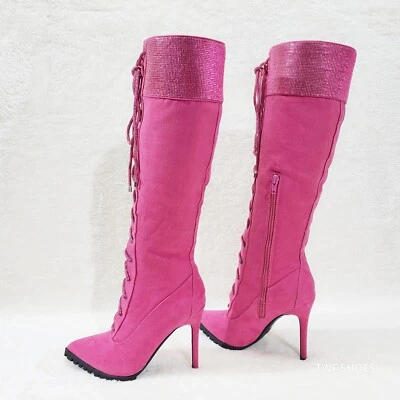 Botas hasta la rodilla con cordones de tacón alto punta puntiaguda de estrás Queens Foto 1 de 4