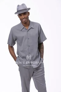 NUEVO Conjunto de 2 piezas para hombre Montique traje de ocio para caminar SS lino liso textura gris EE. UU. - Imagen 1 de 2