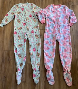 Set of 2 Girls Pajamas Footed Fleece PJs Sleeper size MEDIUM Cats & Monkeys - Picture 1 of 15