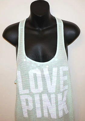 VICTORIA'S SECRET LOVE ROSA LENTEJUELAS COMPLETAS CAMISETA SIN MANGAS BLING Camisa Verde Menta y2k Foto 1 de 4