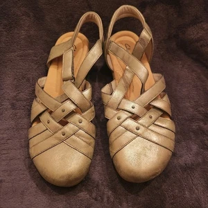 Clarks Leather Fisherman Sandals Elizabelle Seam Pewter Metal - Picture 1 of 6