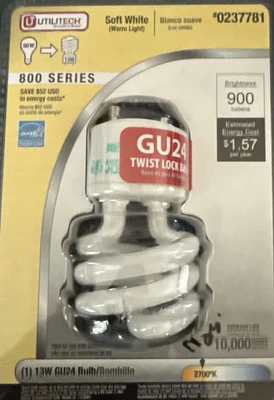 Utilitech Soft White GU24 Twist Lock Base Bulb 13W #0237781 10,000 Hours - Image 1 of 3