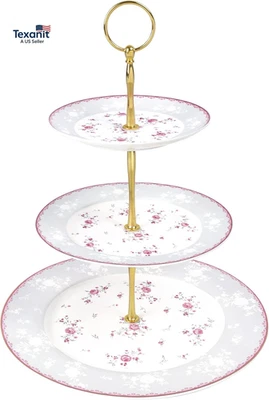 Soporte para Cupcakes de Porcelana Rosa 3 Niveles, Soporte de Exhibición de Frutas Redondo Floral, Dess Foto 1 de 4