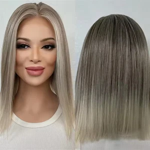 Short Straight Bob Ombre Ash Grey Wigs 100% Human Hair Lace Front Wigs for Women - Picture 1 of 7