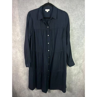 J Jill Women's Medium Navy Blue Tiered Button Down Long Sleeve Shirt Dress - Image 1 of 4
