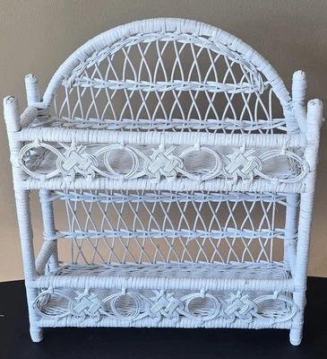 Vintage White Wicker Wall Shelf 2 Tier Hanging Bathroom Storage Boho Farmhouse - Image 1 of 4