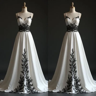 Vestidos de novia góticos tirantes de espagueti tren de barrido negros blancos vestidos de novia Foto 1 de 4