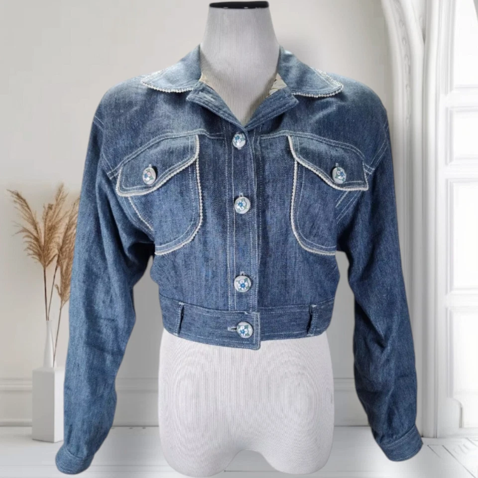 复古白金 Dorothy Schoelen Crop 牛仔卡车司机夹克 S 码人造珍珠 — 第 1/4 张图片