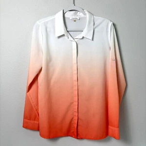 Calvin Klein Top Womens Size M Orange White Ombre Roll Tab Sleeve Button Up - Picture 1 of 12