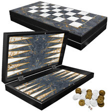 DELUXE Holz Backgammon Schach Tavla Set GREY MARBLE im XXL Format 48x48,7 cm