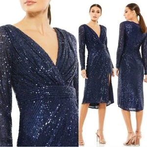 Ieena Mac Duggal Sequin Long Sleeve Midi Cocktail Dress sz 16 $498 Midnight Blue - Picture 1 of 6