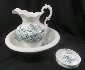 Antique Homer Laughlin Large Water Pitcher, Wash Basin, and Soap Dish w/Strainer - Picture 1 of 24