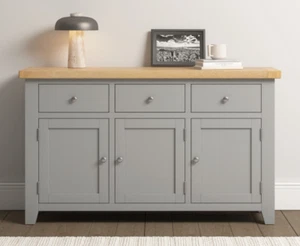 Windsor 3 Door 3 Drawer Sideboard Pebble Grey with Oak Top Fully Assembled - Picture 1 of 9