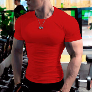 Mens Gym Top Short Sleeve Fitness Tee Compression Sport T Shirt Breathable Slim 