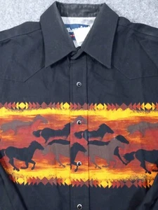 Wrangler Western Shirt Mens Large Pearl Snap Black Horses Orange Ranch Rodeo - Picture 1 of 13