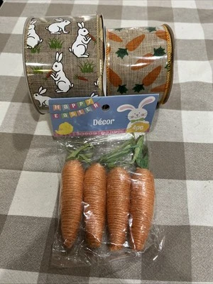 (2) CINTA PRIMAVERA PASCUA 🐰🥕 Borde con cable 2,5" ANCHO X 30 pies y 9 pies y 4 piezas zanahoria Foto 1 de 4