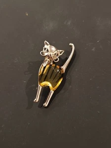 925 Sterling Silver Mcm Cat Pendant Amber Vintage - Picture 1 of 4