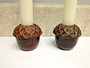 Unique Pair Of Carved Stone Candle Holders Dark Brown "Acorns" Fall Decorating - Picture 1 of 7