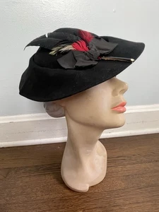 Vintage Black 1930s 30s NRA Depression Era Felt Hat Large With Feathers - Picture 1 of 15