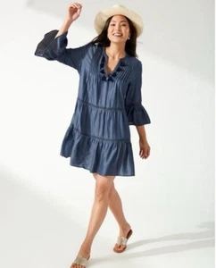 Tommy Bahama Chambray Coverup Kleid bestickt Stufen Rüschenärmel Gr. XS - Bild 1 von 9