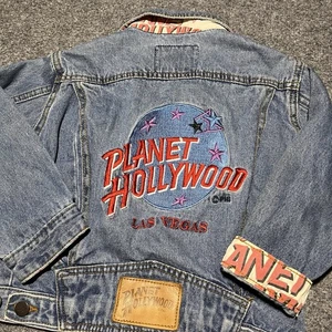 VTG 90s Planet Hollywood Las Vegas Jacket Girls Size 6 Embroidered Blue Denim - Picture 1 of 8