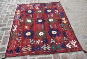 Red Vintage Afghan Uzbeki Wool Kilim Rug 4x6 Handwoven Vintage Oriental Area Rug - Picture 1 of 10