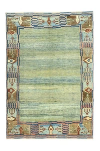 Vintage Green Blue Turkish Modern Minamalist Rug 5.6x8 ft Hand Woven Oushak Rug - Picture 1 of 13