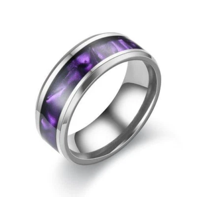 8mm Silver Stainless Steel Purple Haze Inlay Engagement Wedding Ring Size 7 - 12 - Image 1 of 3