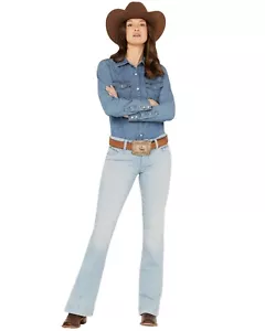 Wrangler Women's Retro Mid Rise Light Wash Mae Wide Leg Trouser Jeans - - Picture 1 of 4