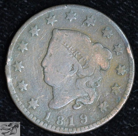 1819 Coronet Head Large Cent, Uncommon N-10 Variety, Very Good Condition, C6289 Cover