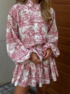 S M L Vintage Print Lace-Up Mini Dress Fashion Ruffled Pleated Women's Wear - Picture 1 of 9