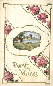 Inserto de flores rosadas Best Wishes con casa en el lago en relieve postal de 1909 - Imagen 1 de 2