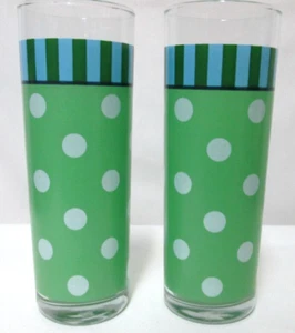 Gail Pittman Vintage 12 ounces tall glass tumbles green white polka dot Set 2 - Picture 1 of 18