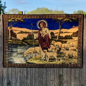 Vintage Jesus der gute Hirte religiös Velours Wandteppich Wandbehang Kunst Libanon - Bild 1 von 12