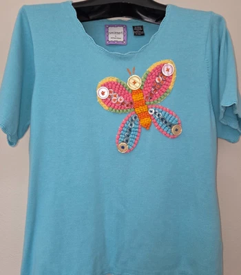 Michael Simon 05' Smitten Blue Short Sleeve Embroidered Yarn Button Butterfly XL - Image 1 of 4