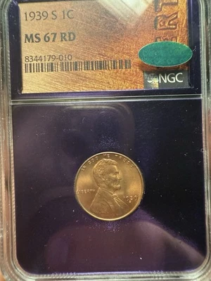 1939 S Lincoln Wheat Cent Penny NGC Purple Core Slab MS67 RD Red CAC Traderbea - Image 1 of 4