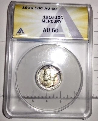 First Year Merc- Toner1916 P Mercury Dime 10c - ANACS GRADE AU50 -  - Image 1 of 4