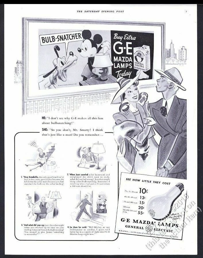 1941 Walt Disney Mickey Mouse Pluto arte G.E. Mazda bombillas vintage anuncio impreso Foto 1 de 1