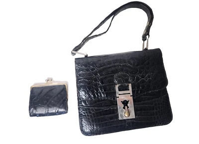 Vintage 30s 40s Black Alligator Crocodile Handbag Bag w/Coin Wallet Unusual Goth - Image 1 of 4