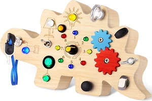 Busy Board for 3 Year Old, Montessori Baby Sensory Toys with 12 LED Light, Woode - Picture 1 of 12