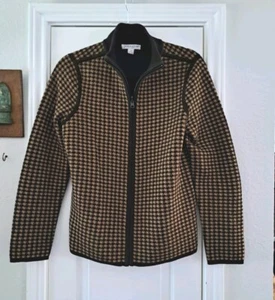 Pendleton Medium Full Zip Cardigan Wool Houndstooth Check Brown Tan  - Picture 1 of 7