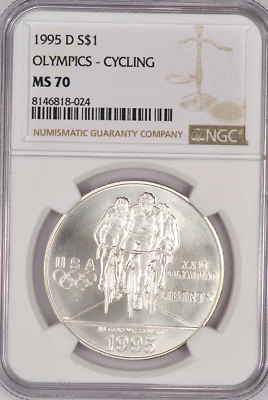 1995 D Olympic Cycling Commemorative Dollar MS 70 MS70 Clean Coin $1 - Image 1 of 2