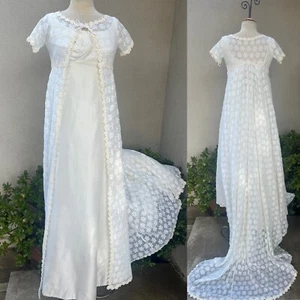 Vintage weißes Boho Brautkleid Maxi Oufit Blumen Cover Schleppe XS - Bild 1 von 15