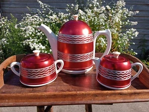 VINTAGE RUBY ETCHED CHROME COVERED TEA POT SUGAR BOWL MILK JUG, SET: 877448 A1 - Picture 1 of 13