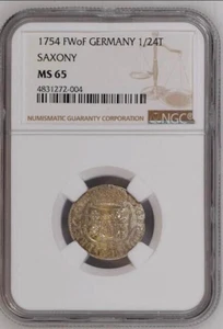 Poland Saxony 1754 Drezden Silver 1/24 Thaler NGC MS65 King August III Sas - Picture 1 of 4