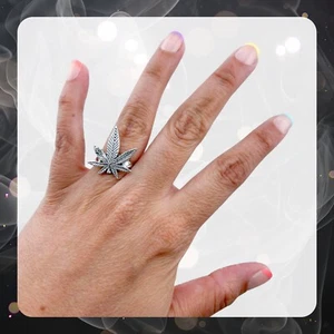 420 Pot Leaf Ring - Weed Marijuana Stoner Jewelry - Adjustable Size - Picture 1 of 4